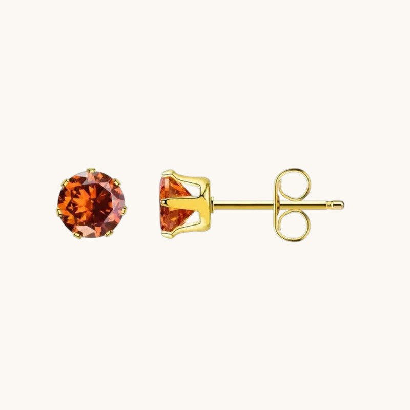 Gold-colored Stainless Steel Stud Earrings Birthstone July - Red Orange Zirconia