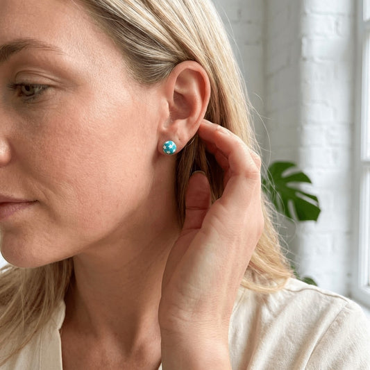 925 Sterling Zilveren Bolletjes Oorknopjes Blauw met Witte Sterretjes 6mm - Aramat Jewels - Oorbellen - cadeautip