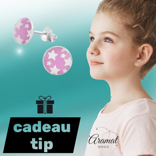 925 Sterling Zilveren Oorknopjes Rond Roze met Witte Sterretjes 7mm - Aramat Jewels - Oorbellen - cadeautip