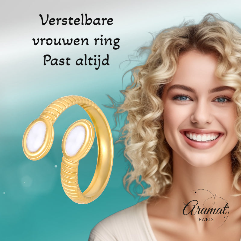 Verstelbare RVS Ring met Parelwitte Emaille Ovalen - Goudkleur (15 mm)