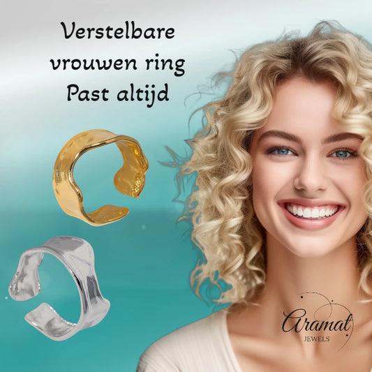 Verstelbare RVS Damesring met Getrommeld Design - 11mm breed