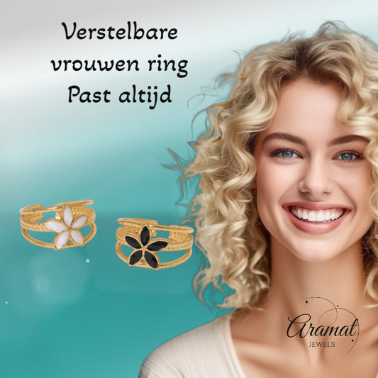 Goudkleurige Verstelbare Ring met Emaille Bloem - Triple Design (12 mm)