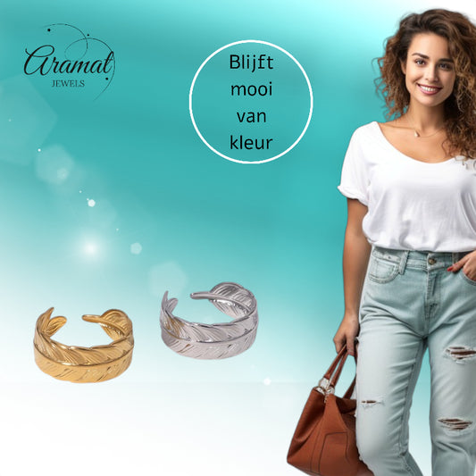 Verstelbare RVS Ring met Veertje Motief - Goudkleur of Zilver (8 mm)