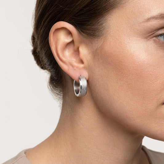 Earrings – Huggie Stainless Steel 20mm Sandblasted Silver Color