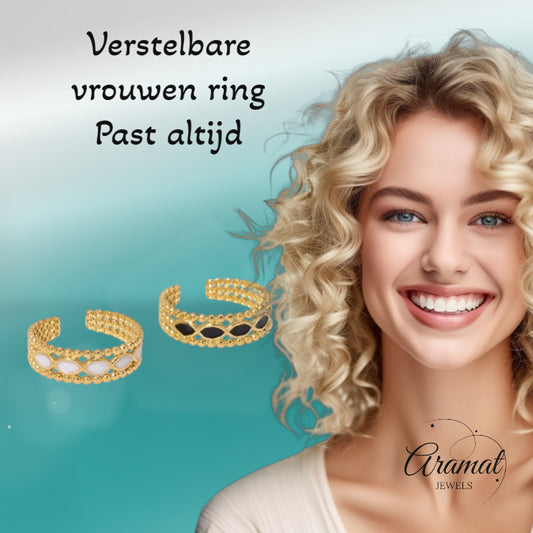 Open Ring RVS met Bolletjes Motief en Emaille Eclips (7 mm)