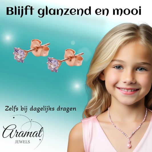 Boucles d'oreilles – Acier inoxydable couleur or rose avec zircon carré lilas (4 mm)