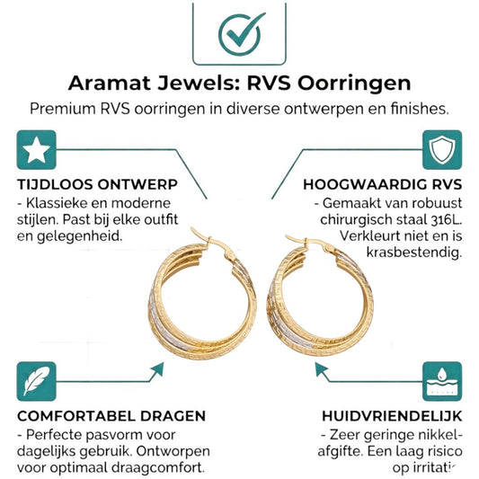 Aramat Jewels triple hoop earrings in bicolor stainless steel with a Greek key pattern, 35mm diameter.