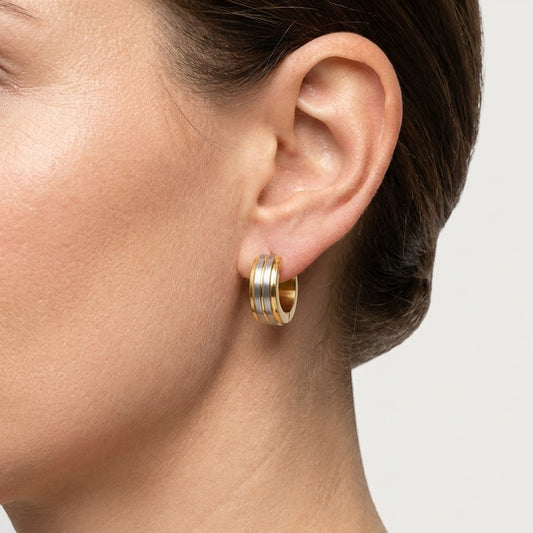 Aramat Jewels bicolor stainless steel hoop earrings, 13x5mm, with matte silver and gold finish.