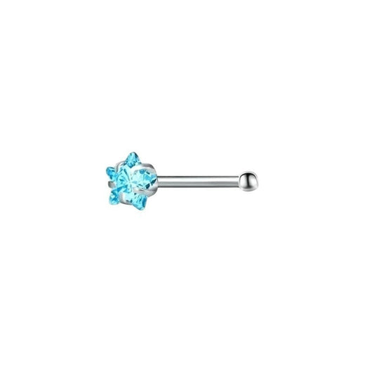 Aramat Jewels silver-tone steel nose studs with blue cubic zirconia in round, star, and heart shapes.