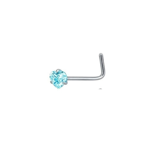 Aramat Jewels silver L-shaped nose studs with blue cubic zirconia in round, heart, and star shapes.