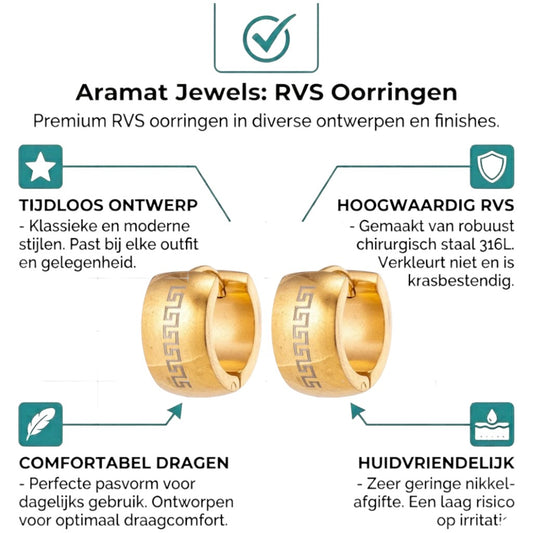 Aramat Jewels gold-tone stainless steel hoop earrings with Greek key pattern, 20mm diameter.