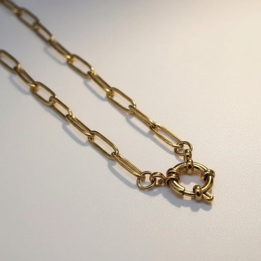 Aramat Jewels gold-tone stainless steel paperclip chain necklace with a circular clasp.