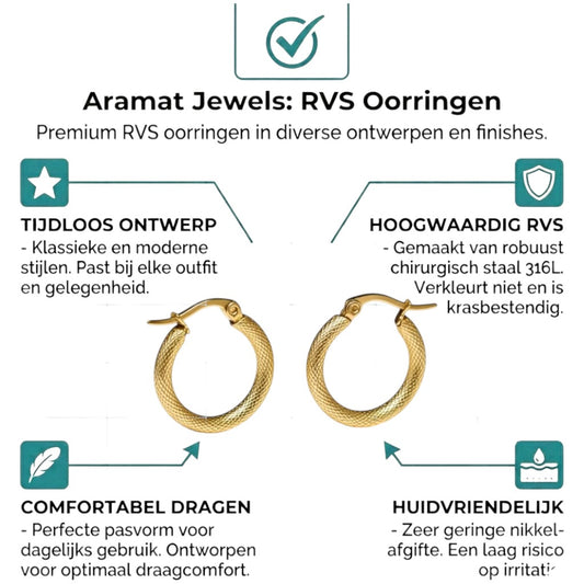 Aramat Jewels gold textured stainless steel hoop earrings, 18mm diameter, with a subtle diamond-cut pattern and secure hinge closure.