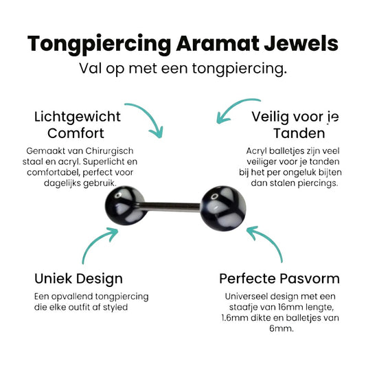 Aramat Jewels black and white peace sign tongue piercing. Made of steel and acrylic with 6mm balls.