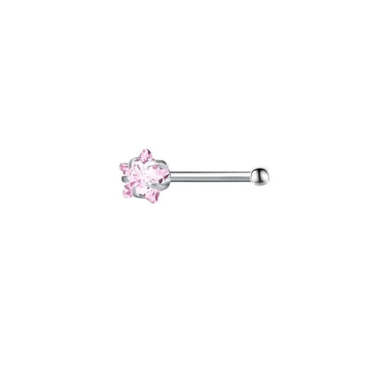 Aramat Jewels silver-tone stainless steel nose studs with pink cubic zirconia in round, star, and heart shapes.