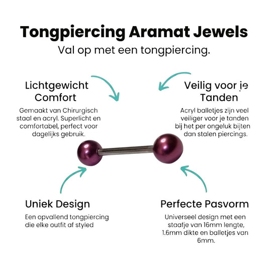 Aramat Jewels purple pearl steel tongue piercing with silver bar and 6mm balls.