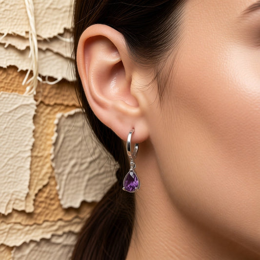 Aramat Jewels silver-coloured hoop earrings with a purple teardrop zirconia for girls, 25x6mm.