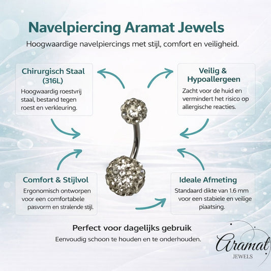 Aramat Jewels silver-tone stainless steel navel piercing with two clear crystal Shamballa balls.
