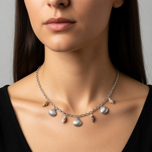 Aramat Jewels silver-tone necklace with real shell charms and metal shell pendants, 40+5 cm adjustable length.