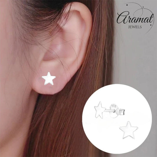 Aramat Jewels 925 sterling silver flat star stud earrings, 6mm, minimalist design, high polish finish.