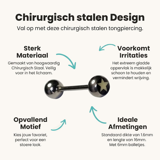 Aramat Jewels silver-tone steel tongue piercing with a black ball featuring a white star design.