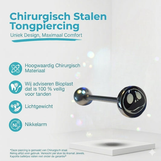 Aramat Jewels steel tongue piercing with a black and white smiley face design. Features 7mm top ball, 5mm bottom ball, 1.6mm gauge, and 19mm bar.