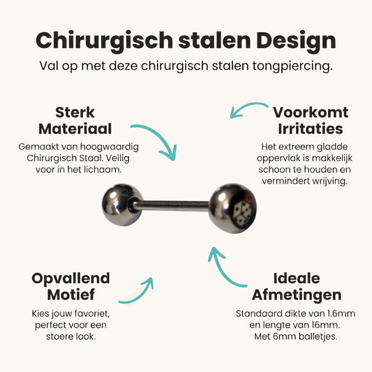 Aramat Jewels steel dice tongue piercing with silver balls, 16mm bar, 1.6mm gauge.