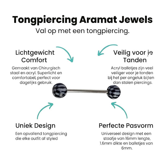 Aramat Jewels steel tongue piercing with black and white checkered acrylic balls. 16mm bar, 6mm balls.