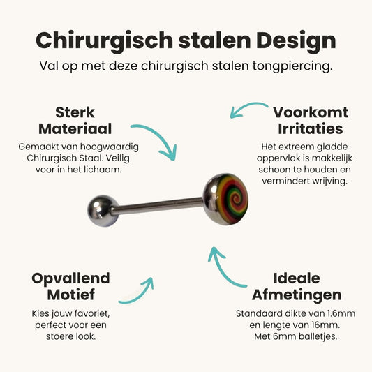 Aramat Jewels stainless steel tongue piercing with a colorful yellow, red, and blue swirl logo on the top ball.