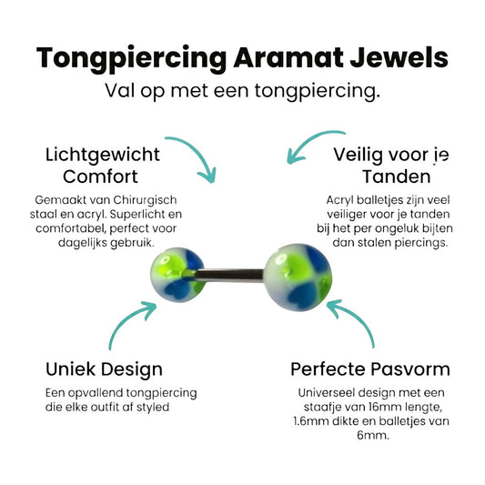 Aramat Jewels steel tongue piercing with white, green, and blue acrylic heart details.