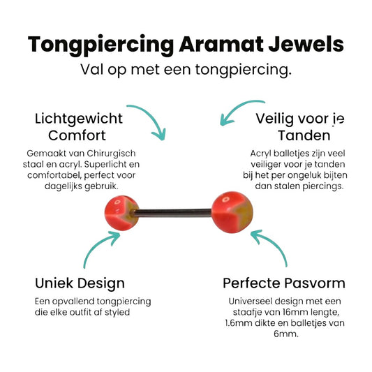 Aramat Jewels steel tongue piercing with orange, yellow, and white acrylic balls.