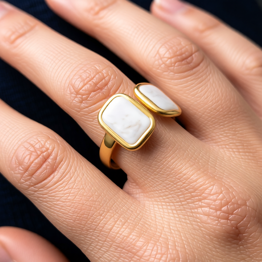 Open Ring RVS 2 Rechthoeken Emaille - 13mm - Parel Wit