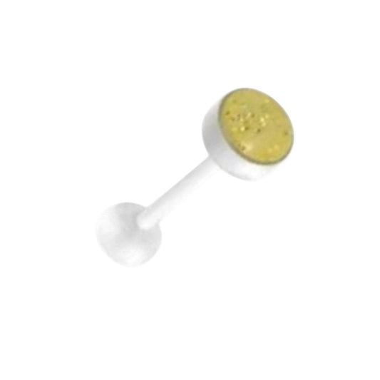 Aramat Jewels white bioplast tongue piercing with glitter detail on the bottom ball. 1.6mm x 16mm.