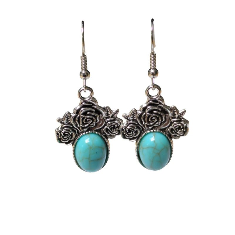 Boho Oorhangers met Lichtblauwe Steen – Rozen detail 48x21mm - oor6055 - Oorhangers kopen# - 50mm - alles - bali