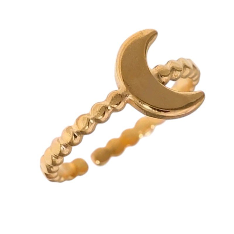Damesring Verstelbaar โ Open Ring met Maantje & Dots โ One Size - ring323 - 30349 - Ringen kopen# - Goudkleur - alles - cadeau