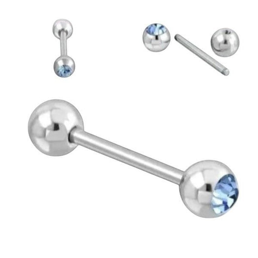 Aramat Jewels silver steel tongue piercing with a light blue zirconia stone, 16mm length, 1.6mm gauge.