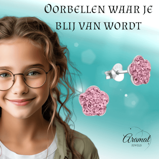 Elegante Zilveren Bloem Oorbellen - oor334 - 5001 - Oorbellen kopen# - Roze - 8mm - 925 Zilver