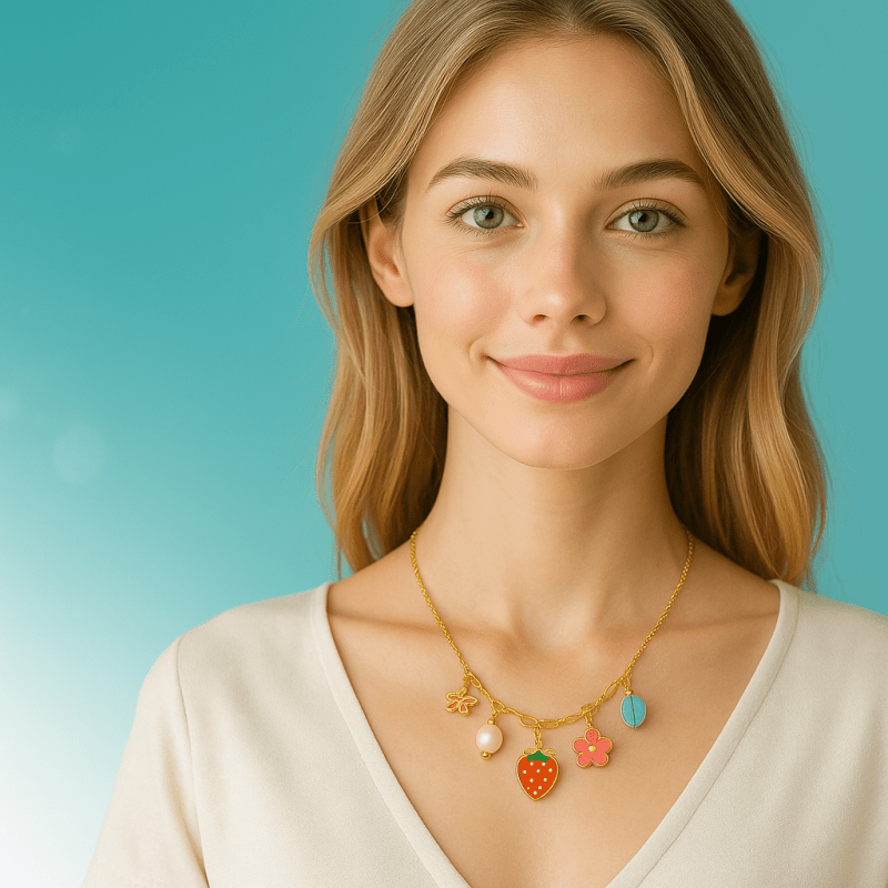 Goudkleurige bedelketting met parel, emaille & steen – 40+5 cm - ket1181 - 693727 - Halskettingen kopen# - 45cm - alles - Bedelketting