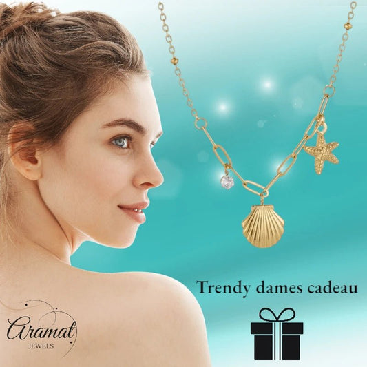 Goudkleurige damesketting met schelp & zirkonia – 40+5 cm - ket1171 - 658905 - Halskettingen kopen# - 40cm - alles - Bedelketting