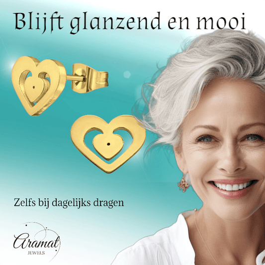 Goudkleurige hartjes oorstekers – 11x9mm RVS - Aramat Jewels - Oorbellen - cadeautip