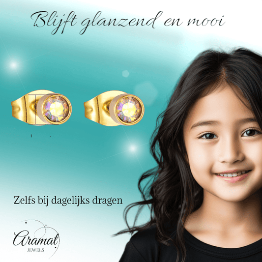 Goudkleurige kristallen oorbellen met AB glans – 3 mm - oor587 - XE38690 - Oorbellen kopen# - 3mm - AB - AB Transparant