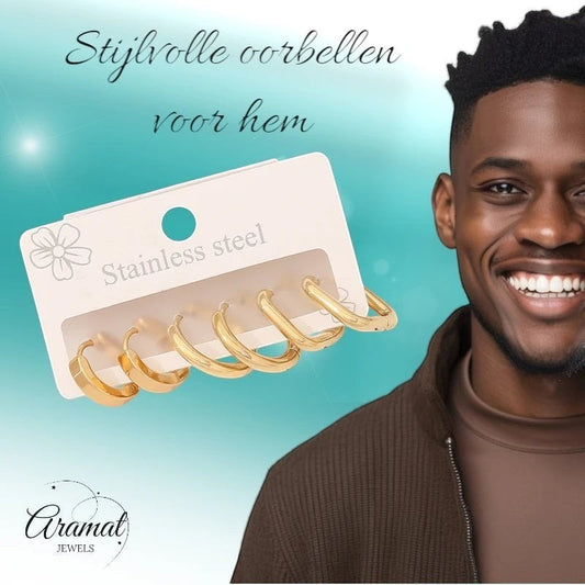 Goudkleurige stainless steel oorringen set – 2x rond + 1x vierkant – 3 paar - set20 - 153018 - Oorringen kopen# - alles - cadeau - dames