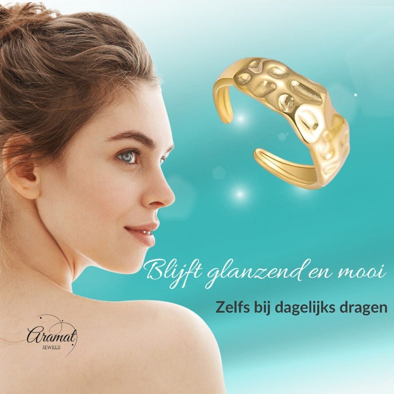 Goudkleurige Verstelbare Dames Ring deukjes - motief - Stainless Steel - Trendy - ring351 - 104805 - Ringen kopen# - Goudkleur - alles - boho