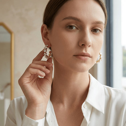 Goudkleurige Zirkonia Oorringen 28x5mm RVS - 8 Steentjes - Aramat Jewels - Oorbellen - cadeautip