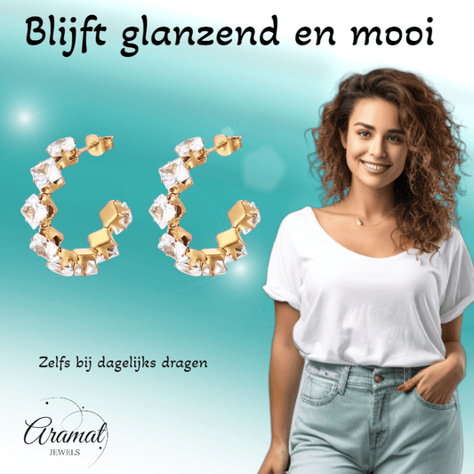 Goudkleurige Zirkonia Oorringen 28x5mm RVS - 8 Steentjes - Aramat Jewels - RVS Sieraden - Oorbellen - cadeautip