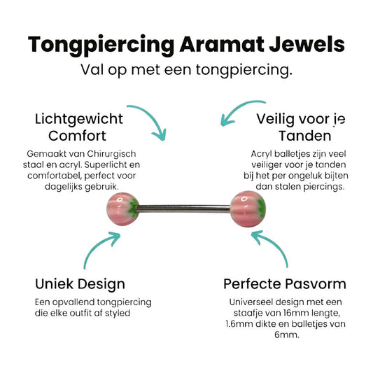 Aramat Jewels steel tongue piercing with pink, white, and green acrylic weed leaf design on the balls.