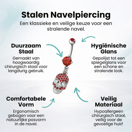 Piercing au nombril en acier tête de mort rouge
