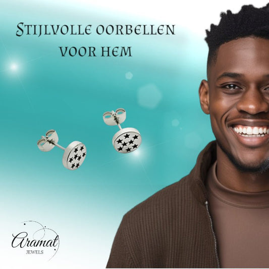 Oorbellen – RVS Sterrenpatroon Zilver/Zwart (8mm) - Aramat Jewels - Oorbellen - cadeautip