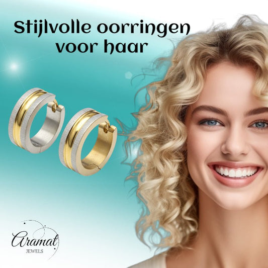 Oorringen – Mat Bicolor RVS Zilver/Goud Streepjes (20x7mm) - Aramat Jewels - Oorringen - cadeautip