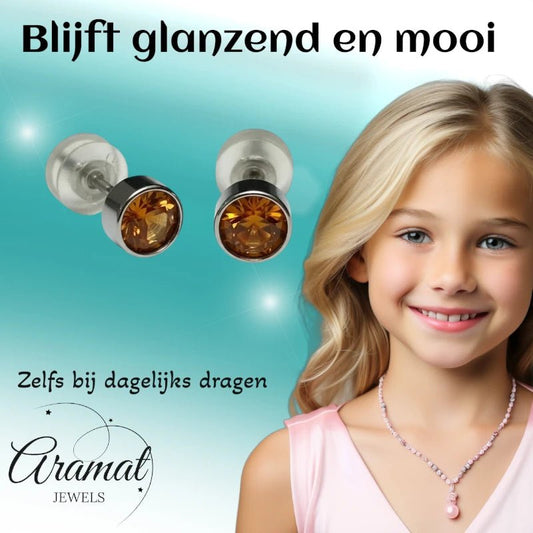 Oorstuds – Staal Kristal Topaas Bruin Zilverkleur (5mm) - Aramat Jewels - Oorbellen - cadeautip